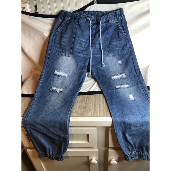Womens Pull-on Distressed Blue Cotton Denim Joggers, Cargo Jeans XLarge - Picture 1 of 8